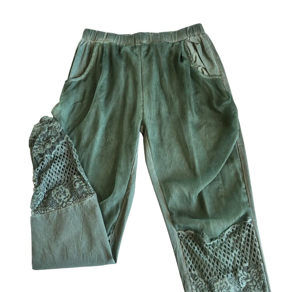 Pretty Angel Moss Green Linen Blend Pull On Tapered Pants Artsy Eclectic Large